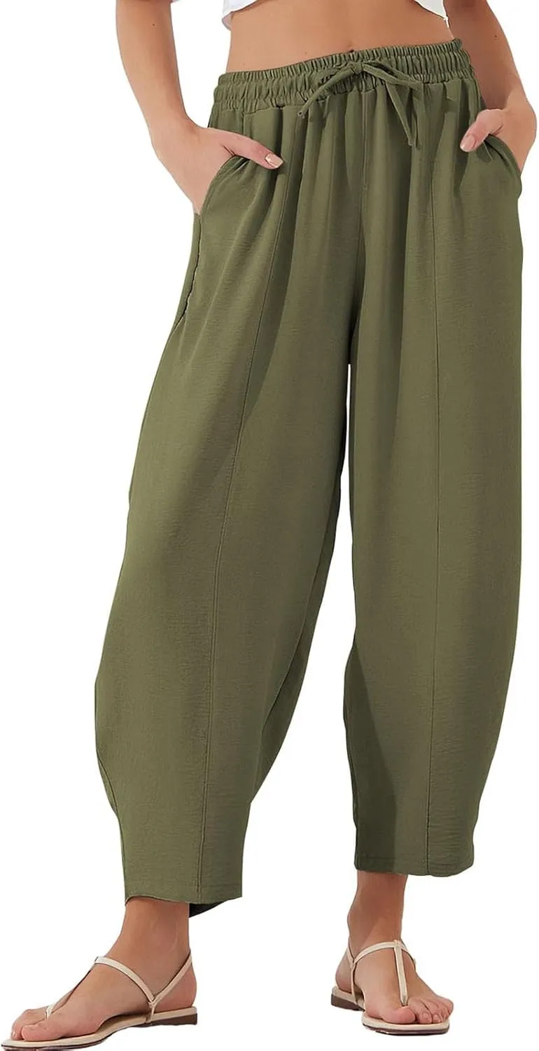 Womens Linen Wide Leg Pants Summer High Waisted Drawstring Elastic Travel Vacation Harem Trousers with Pockets