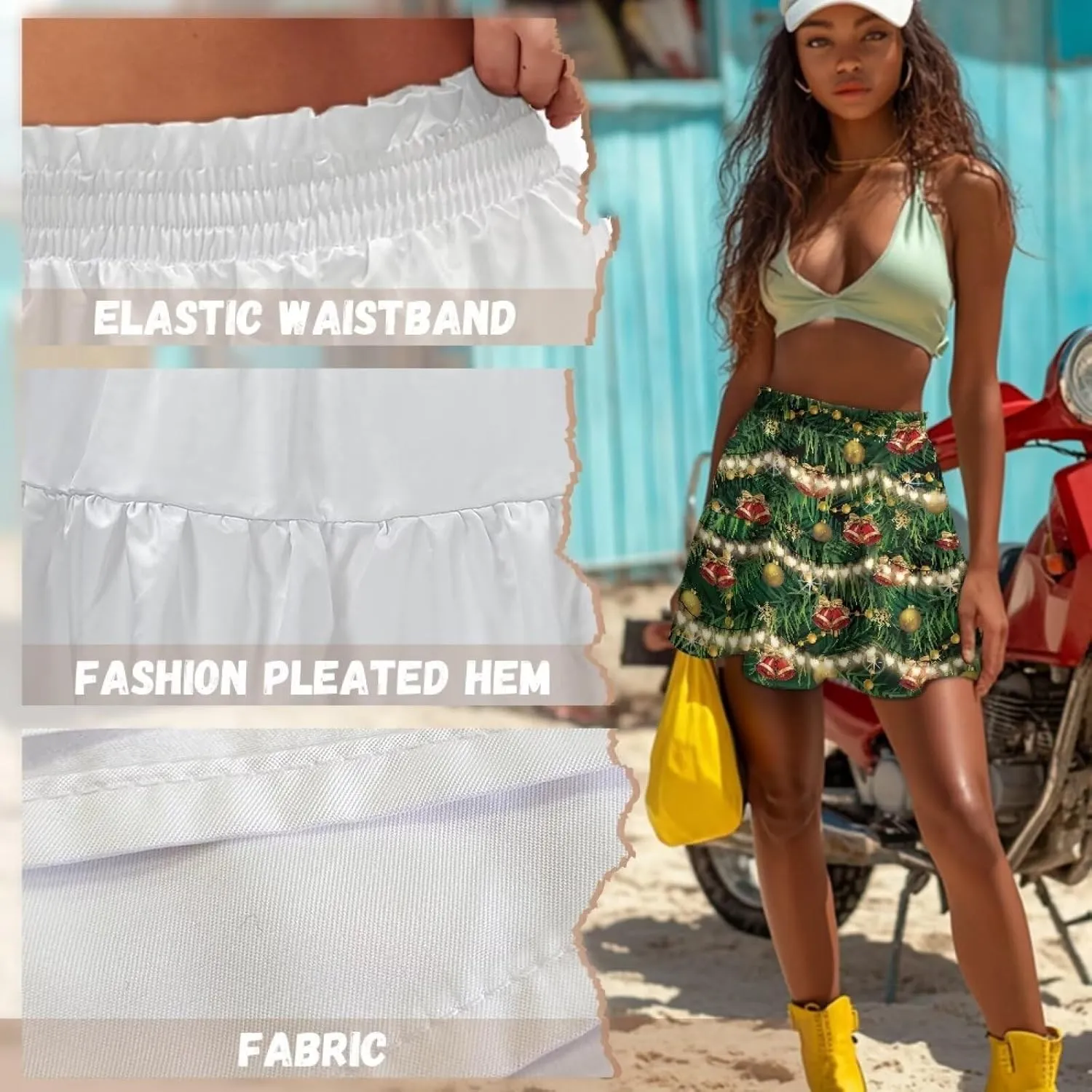 Women's Mini Skirt with Ruffle Hem Stretchy Flared High Waist A-Line Pleated Skirt Casual Loose Short Skirt XS-XL