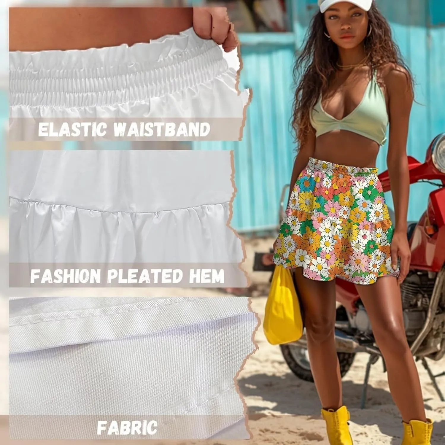 Women's Mini Skirt with Ruffle Hem Stretchy Flared High Waist A-Line Pleated Skirt Casual Loose Short Skirt XS-XL