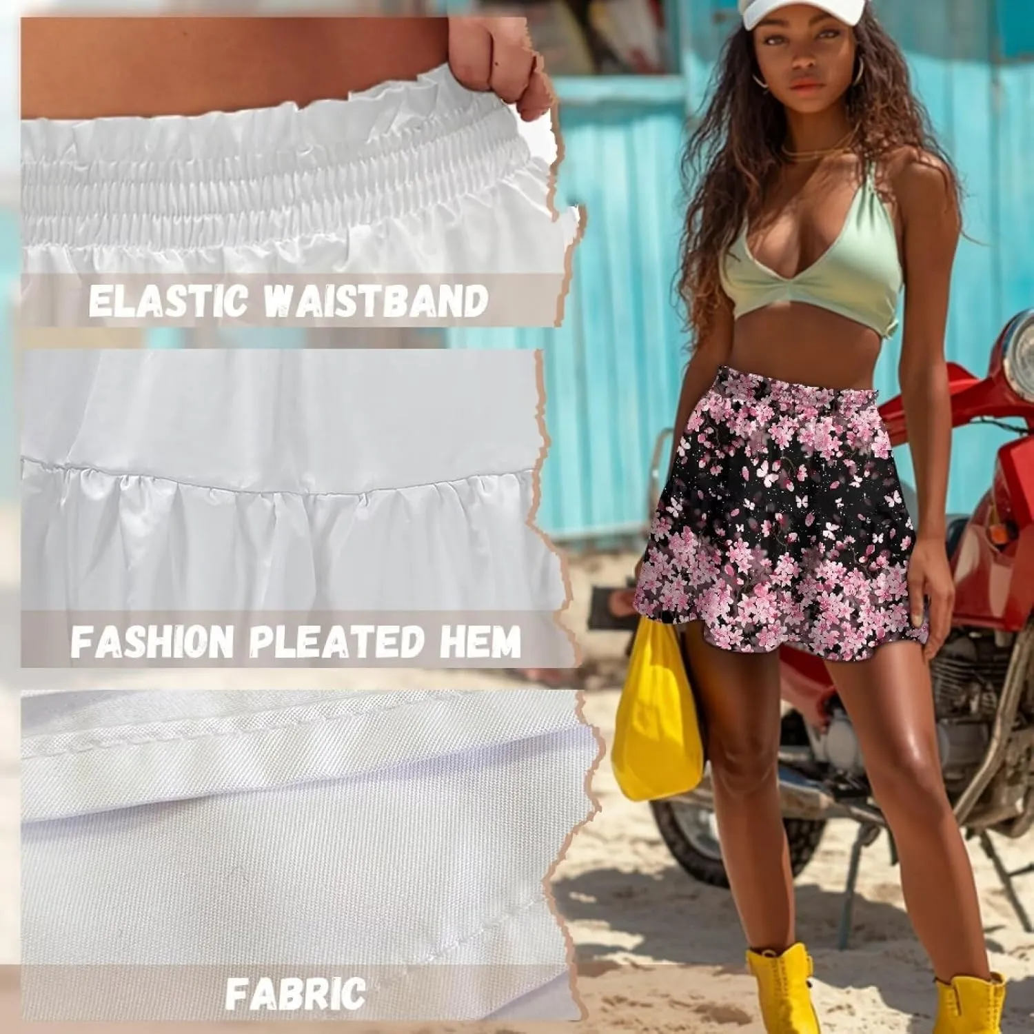 Women's Mini Skirt with Ruffle Hem Stretchy Flared High Waist A-Line Pleated Skirt Casual Loose Short Skirt XS-XL