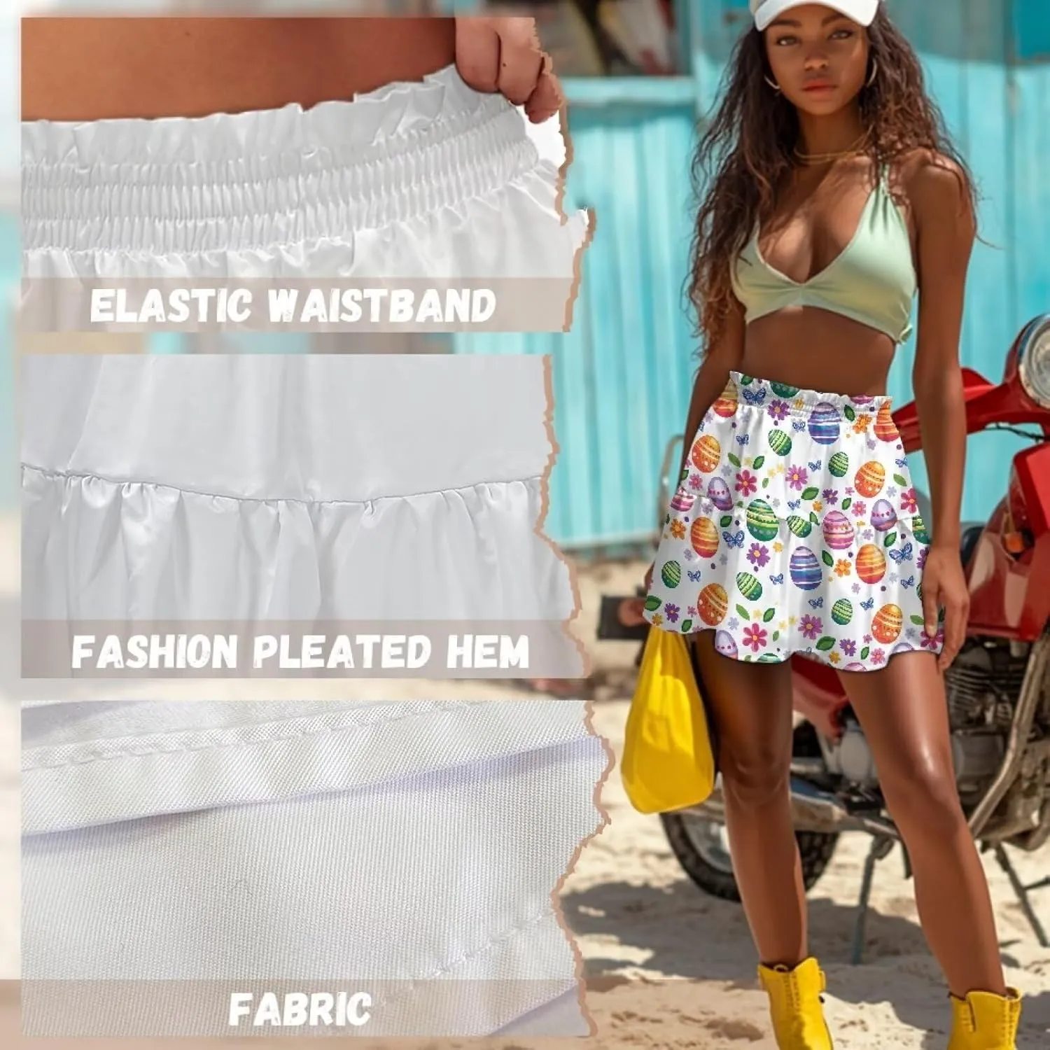 Women's Mini Skirt with Ruffle Hem Stretchy Flared High Waist A-Line Pleated Skirt Casual Loose Short Skirt XS-XL