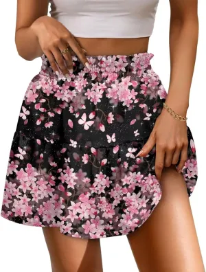 Women's Mini Skirt with Ruffle Hem Stretchy Flared High Waist A-Line Pleated Skirt Casual Loose Short Skirt XS-XL