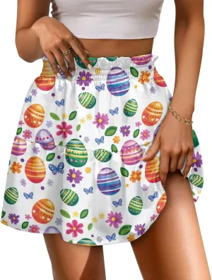 Women's Mini Skirt with Ruffle Hem Stretchy Flared High Waist A-Line Pleated Skirt Casual Loose Short Skirt XS-XL