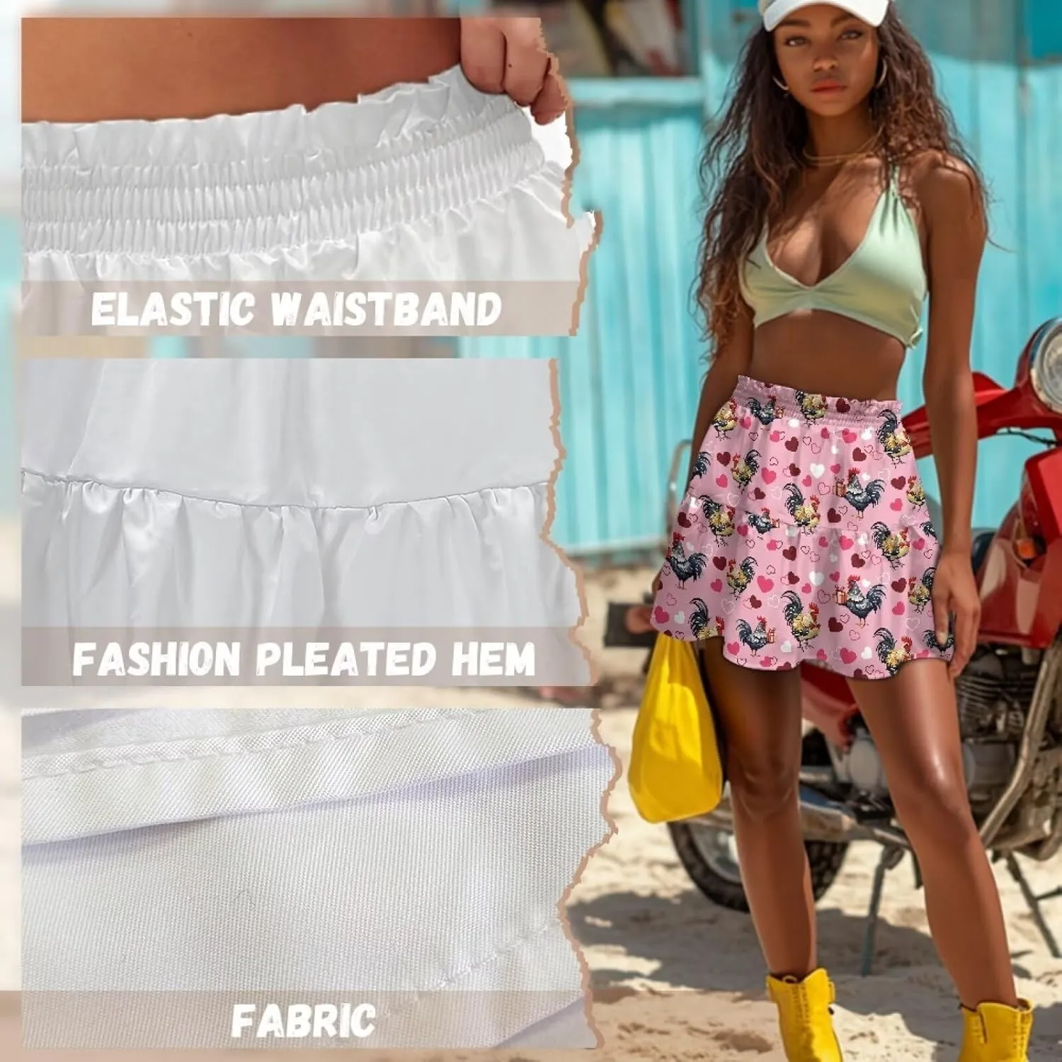 Women's Mini Skirt with Ruffle Hem Stretchy Flared High Waist A-Line Pleated Skirt Casual Loose Short Skirt XS-XL