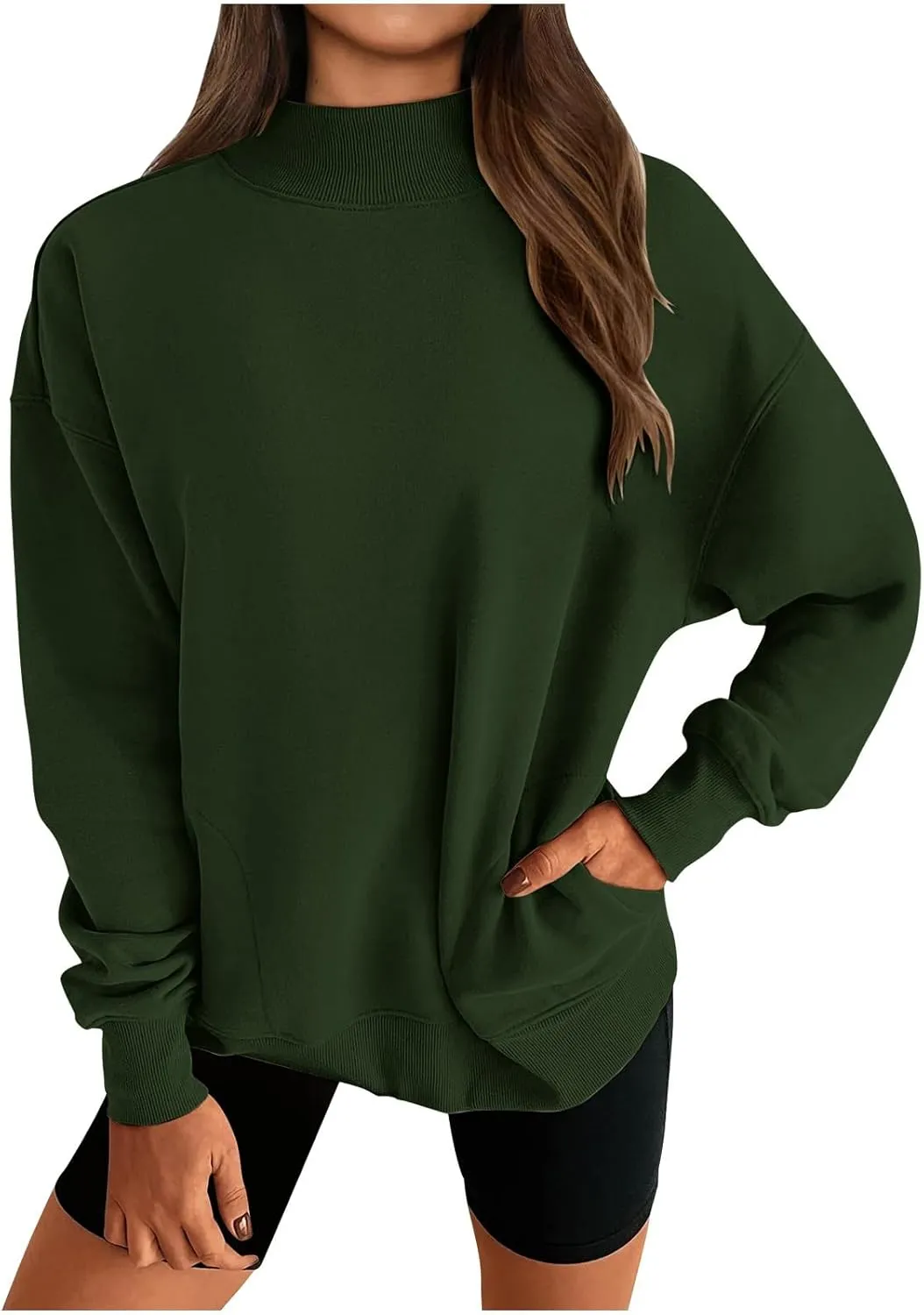 Womens Oversized Sweatshirt Solid Color Mock Neck Long Sleeve Loose Pullover Tops Fall Y2K Hoodies with Pockets