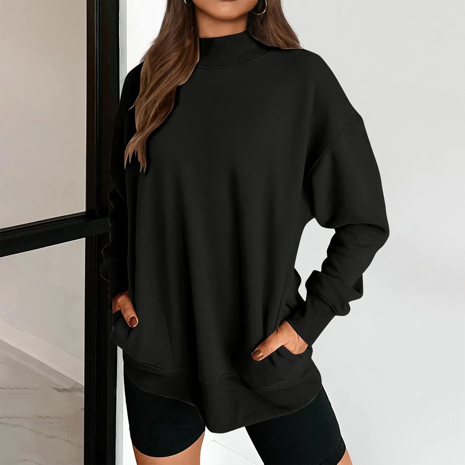 Womens Oversized Sweatshirt Solid Color Mock Neck Long Sleeve Loose Pullover Tops Fall Y2K Hoodies with Pockets