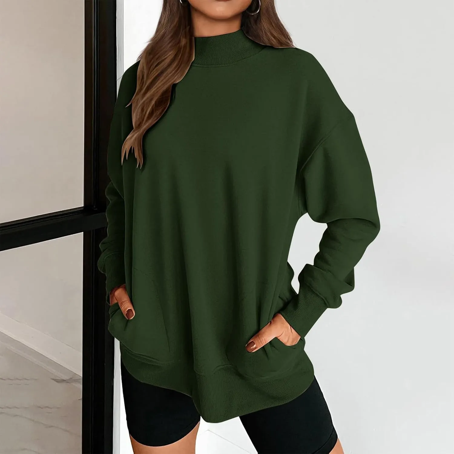 Womens Oversized Sweatshirt Solid Color Mock Neck Long Sleeve Loose Pullover Tops Fall Y2K Hoodies with Pockets