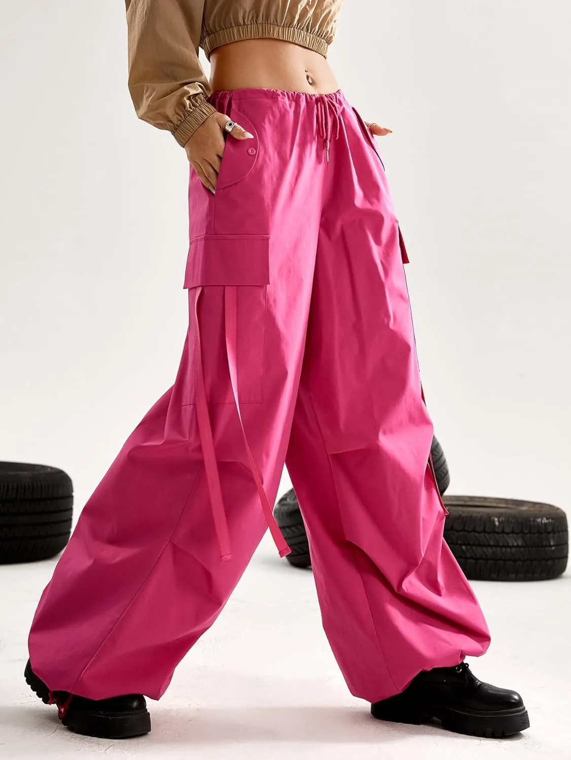 Women's Pants Flap Pocket Side Drawstring Waist Parachute Pants Pant for Women (Color : Hot Pink, Size : Medium)