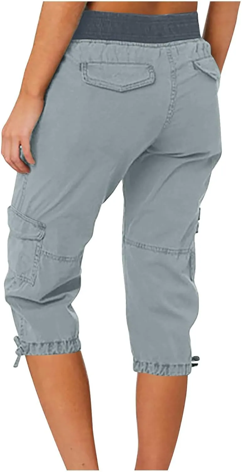 Women's Pants, High Waist Wide Leg Capri Pants with Pockets Workout Cropped