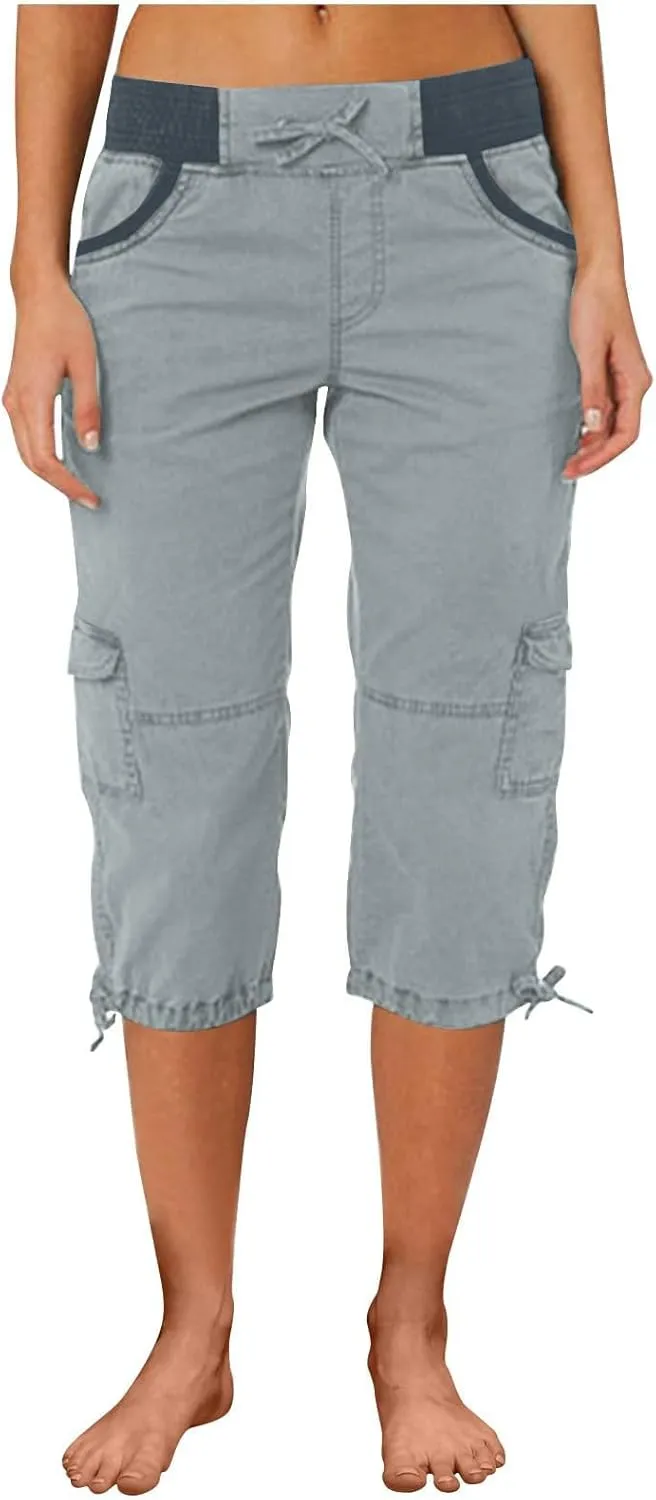 Women's Pants, High Waist Wide Leg Capri Pants with Pockets Workout Cropped