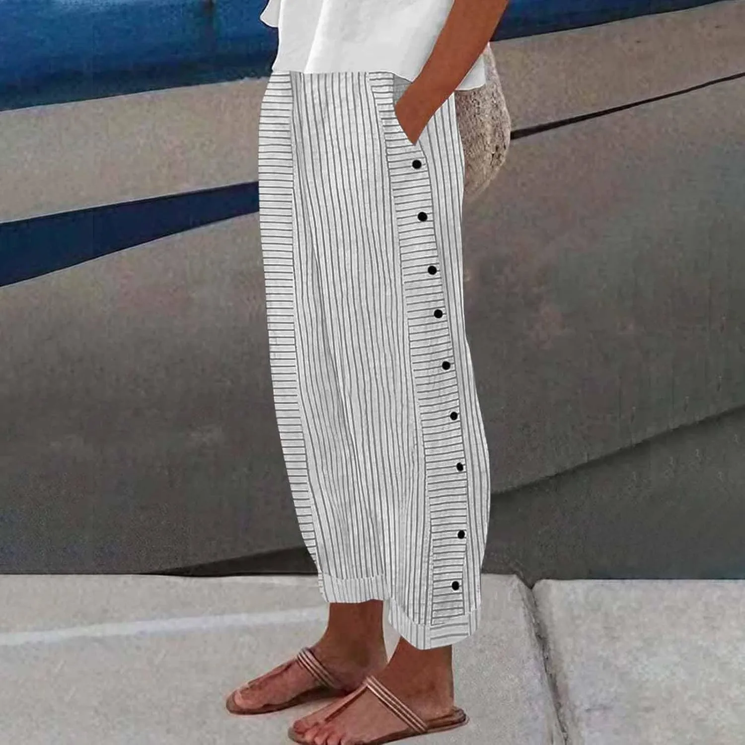 Women's Pants, Linen Straight Leg Peasant Pants Casual Side Button Loose Striped