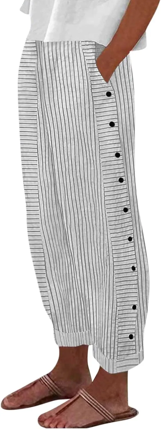 Women's Pants, Linen Straight Leg Peasant Pants Casual Side Button Loose Striped
