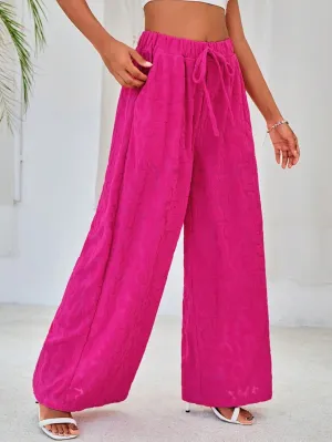 Women's Pants Solid Knot Front Wide Leg Pants Pant for Women (Color : Hot Pink, Size : Large)