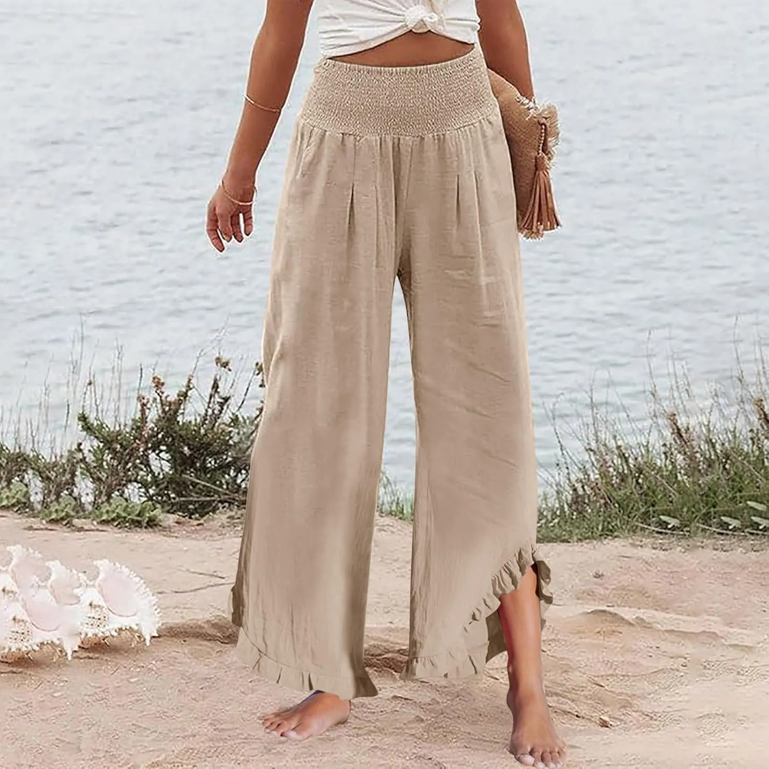 Women's Pants, Straight Leg Linen Pants Summer Wide High Waisted Lightweight Summmer