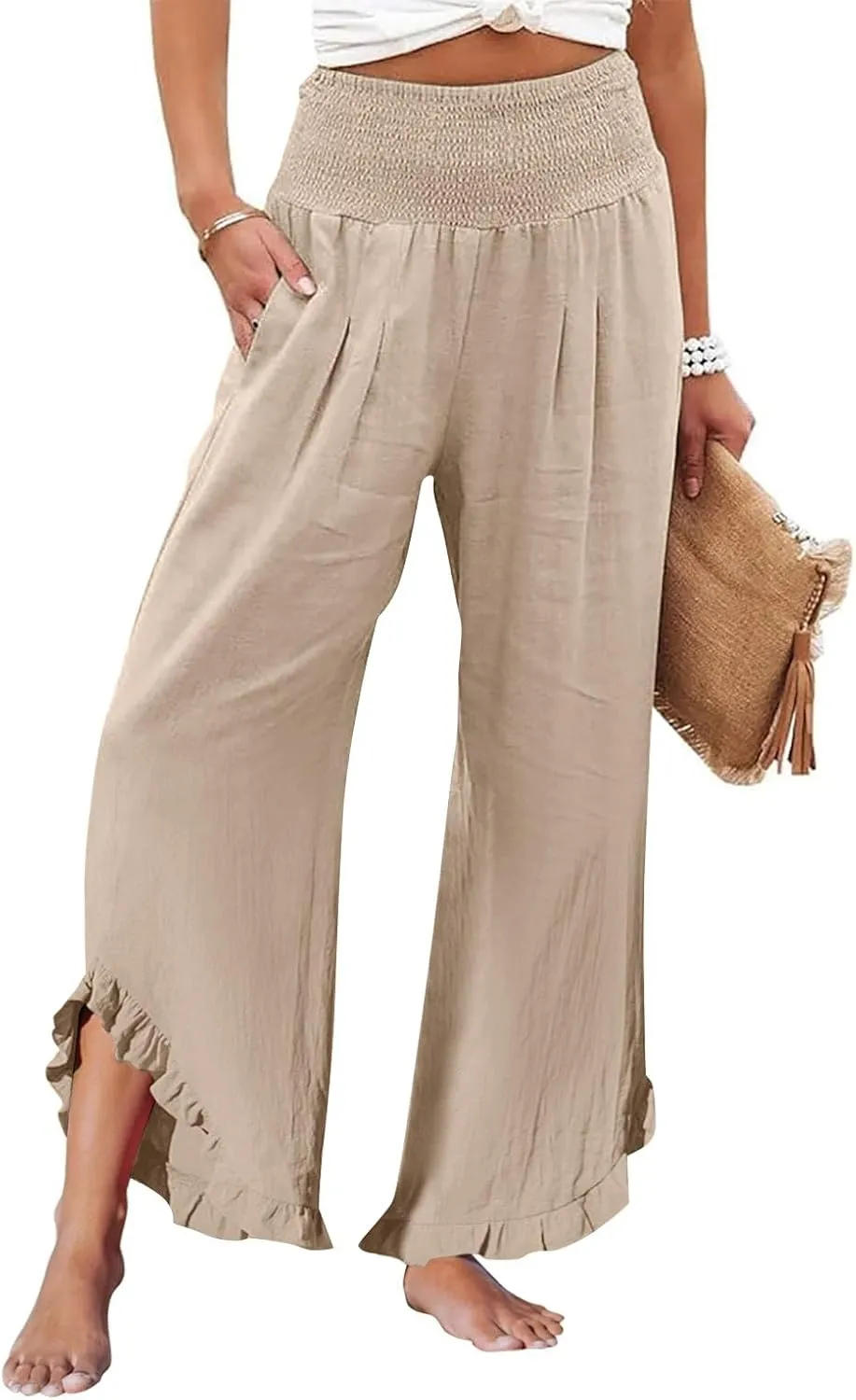 Women's Pants, Straight Leg Linen Pants Summer Wide High Waisted Lightweight Summmer