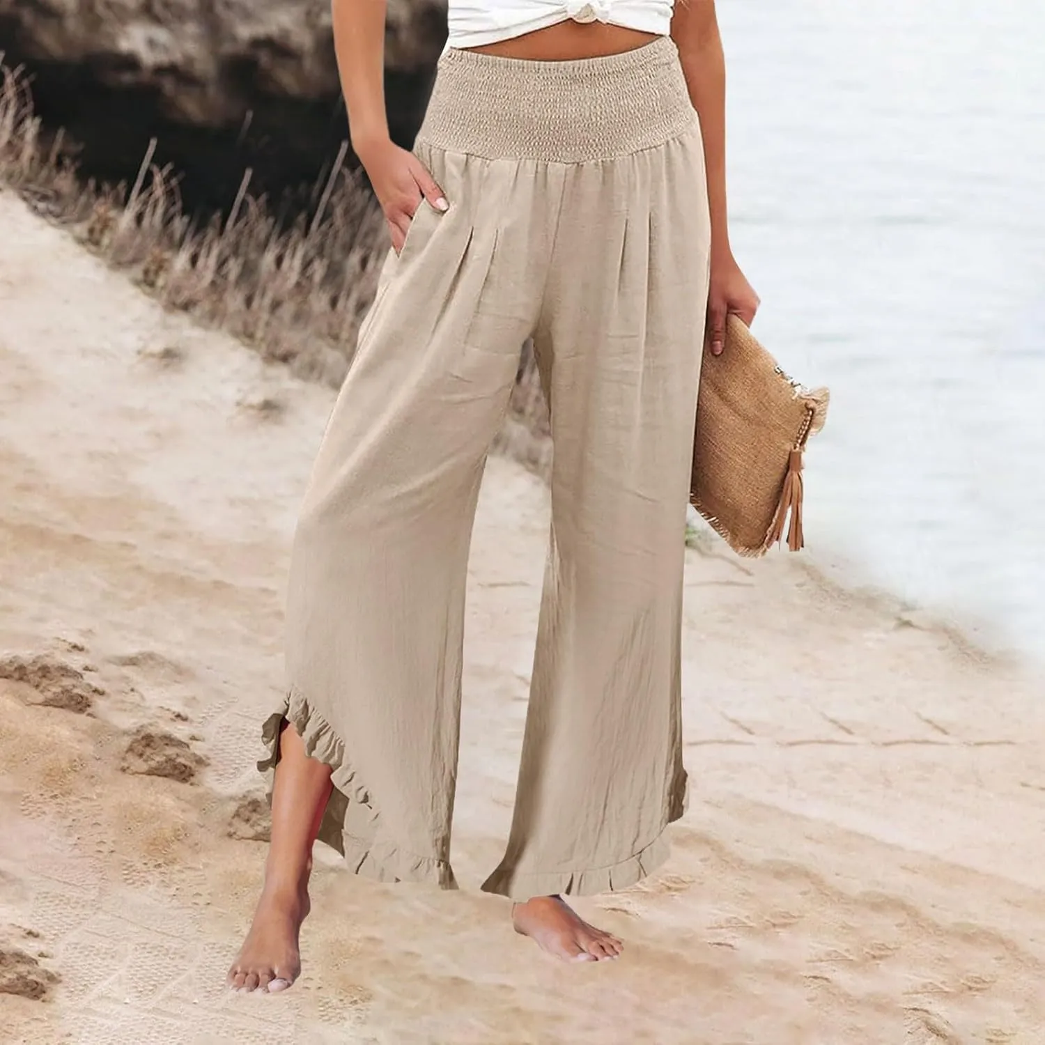 Women's Pants, Straight Leg Linen Pants Summer Wide High Waisted Lightweight Summmer