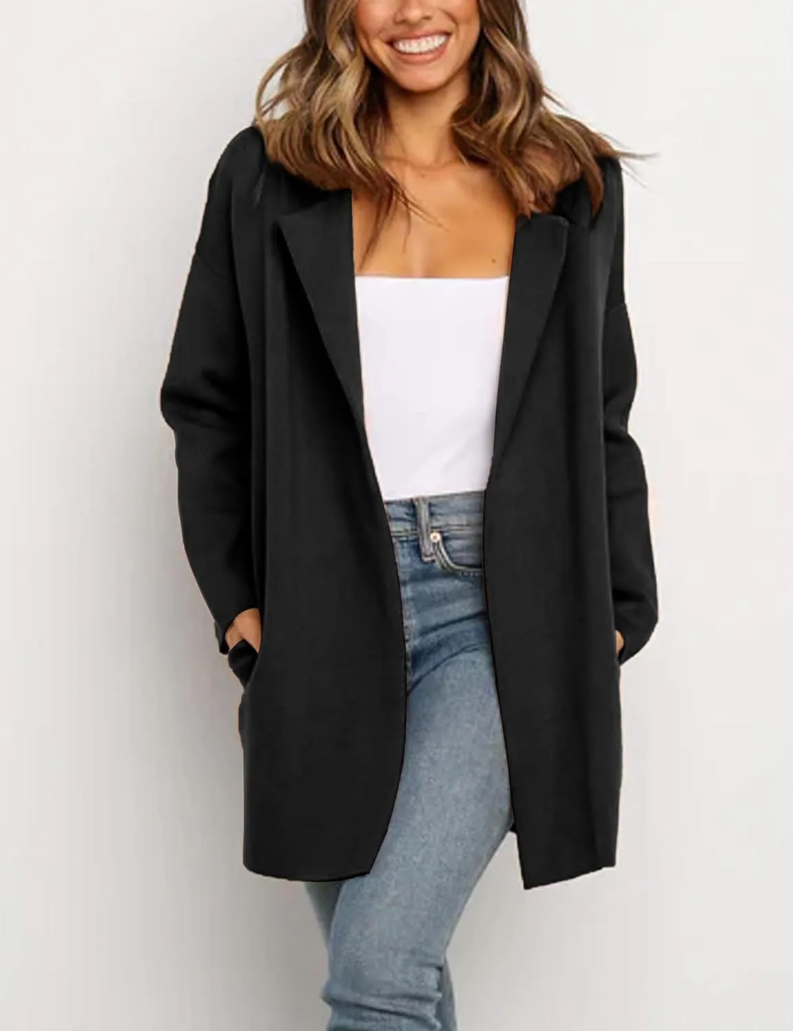 Womens Pea Coat Wool Open Front Solid Color Notch Lapel Mid Long Trench Blazer Overcoat