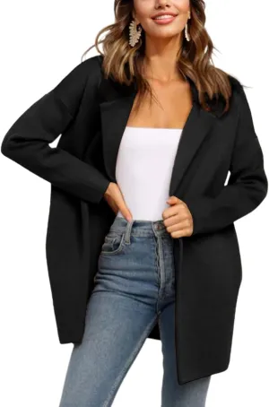 Womens Pea Coat Wool Open Front Solid Color Notch Lapel Mid Long Trench Blazer Overcoat
