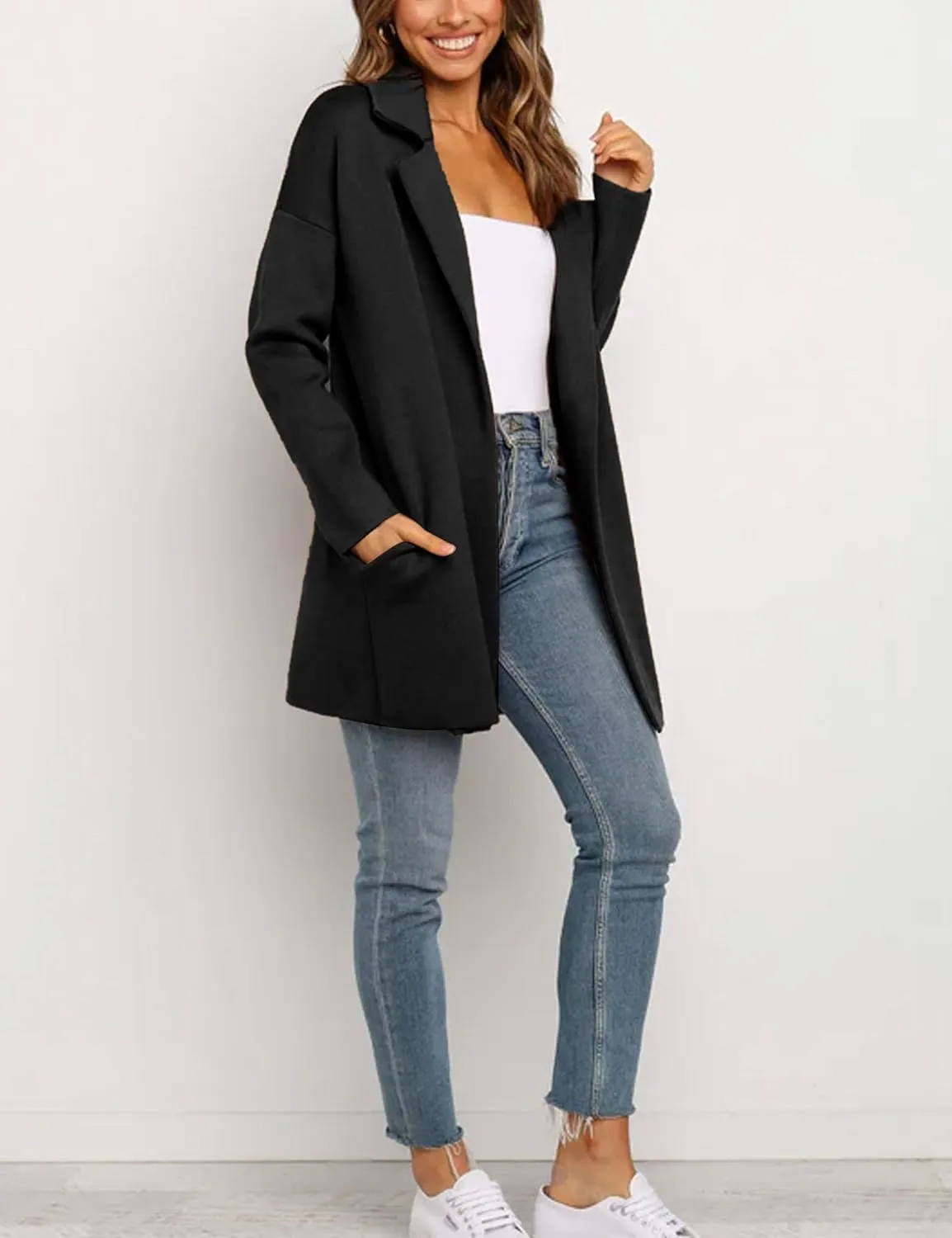Womens Pea Coat Wool Open Front Solid Color Notch Lapel Mid Long Trench Blazer Overcoat
