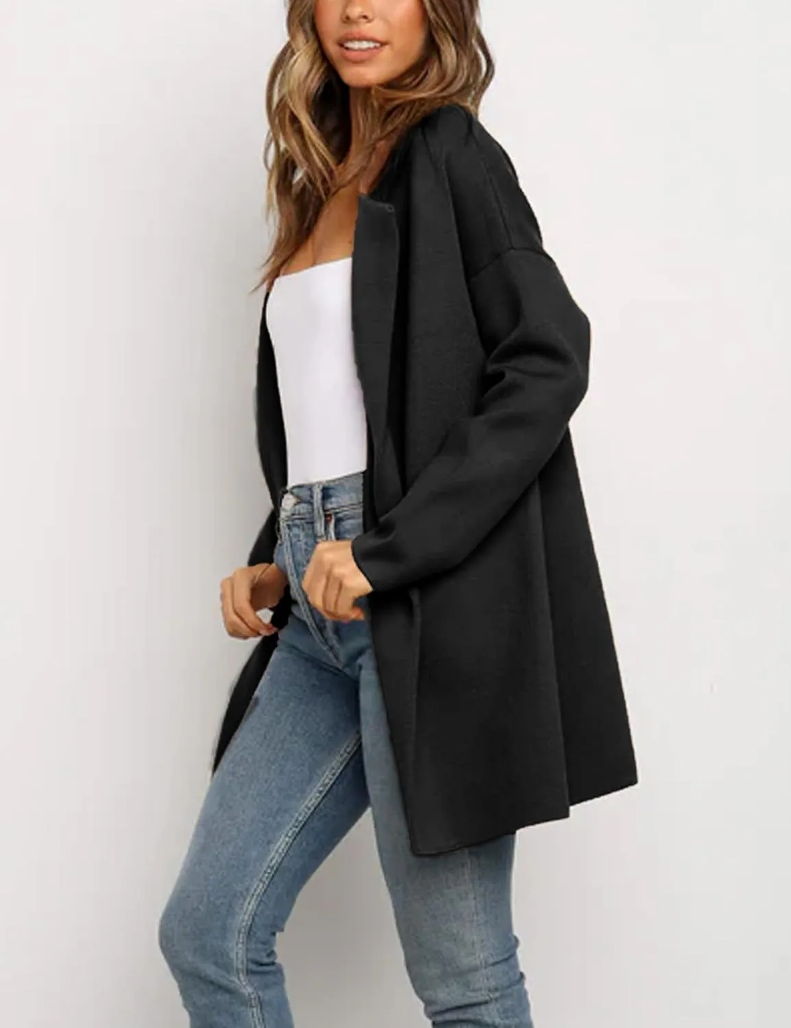 Womens Pea Coat Wool Open Front Solid Color Notch Lapel Mid Long Trench Blazer Overcoat