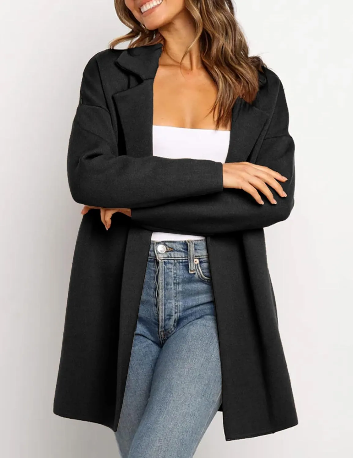 Womens Pea Coat Wool Open Front Solid Color Notch Lapel Mid Long Trench Blazer Overcoat