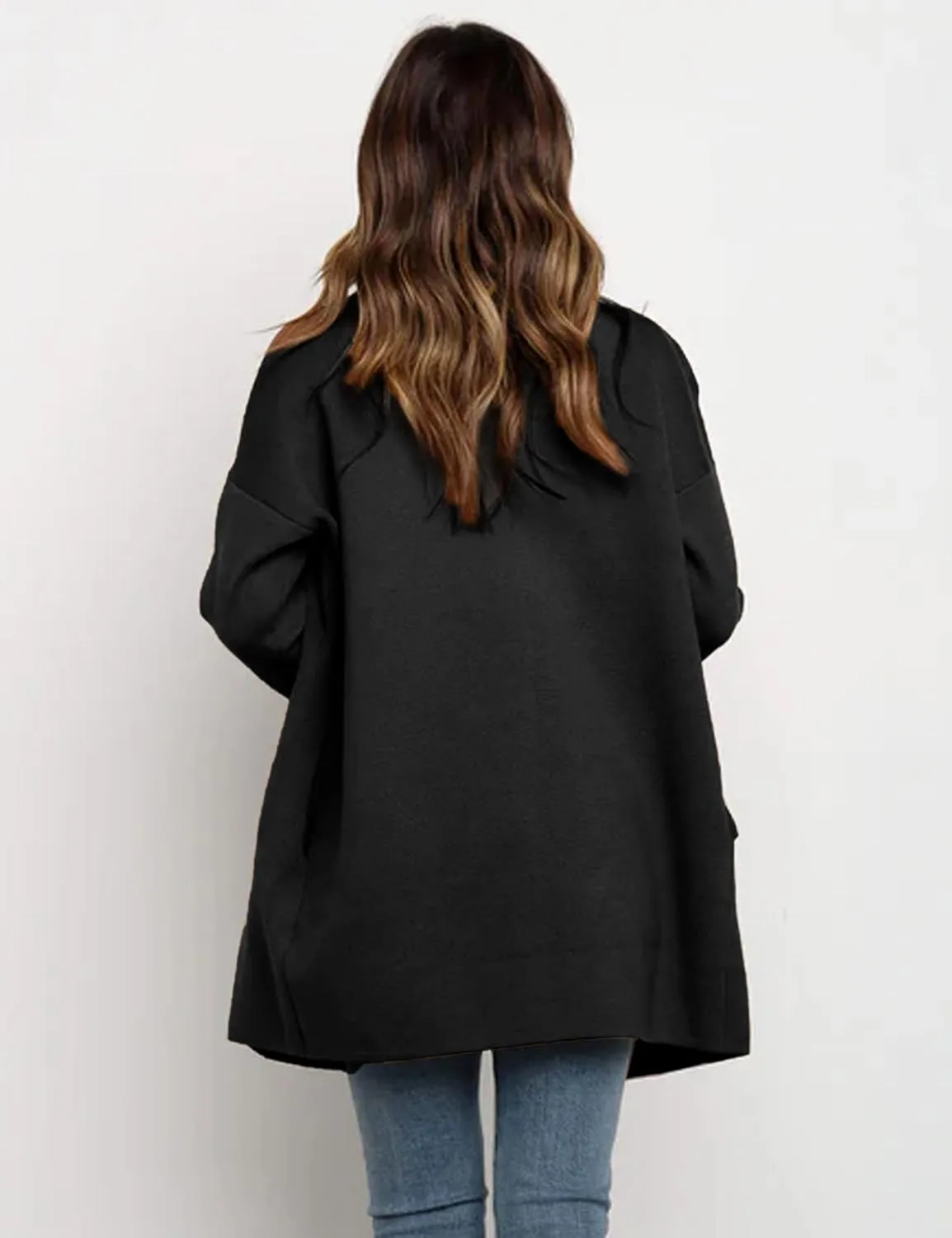 Womens Pea Coat Wool Open Front Solid Color Notch Lapel Mid Long Trench Blazer Overcoat