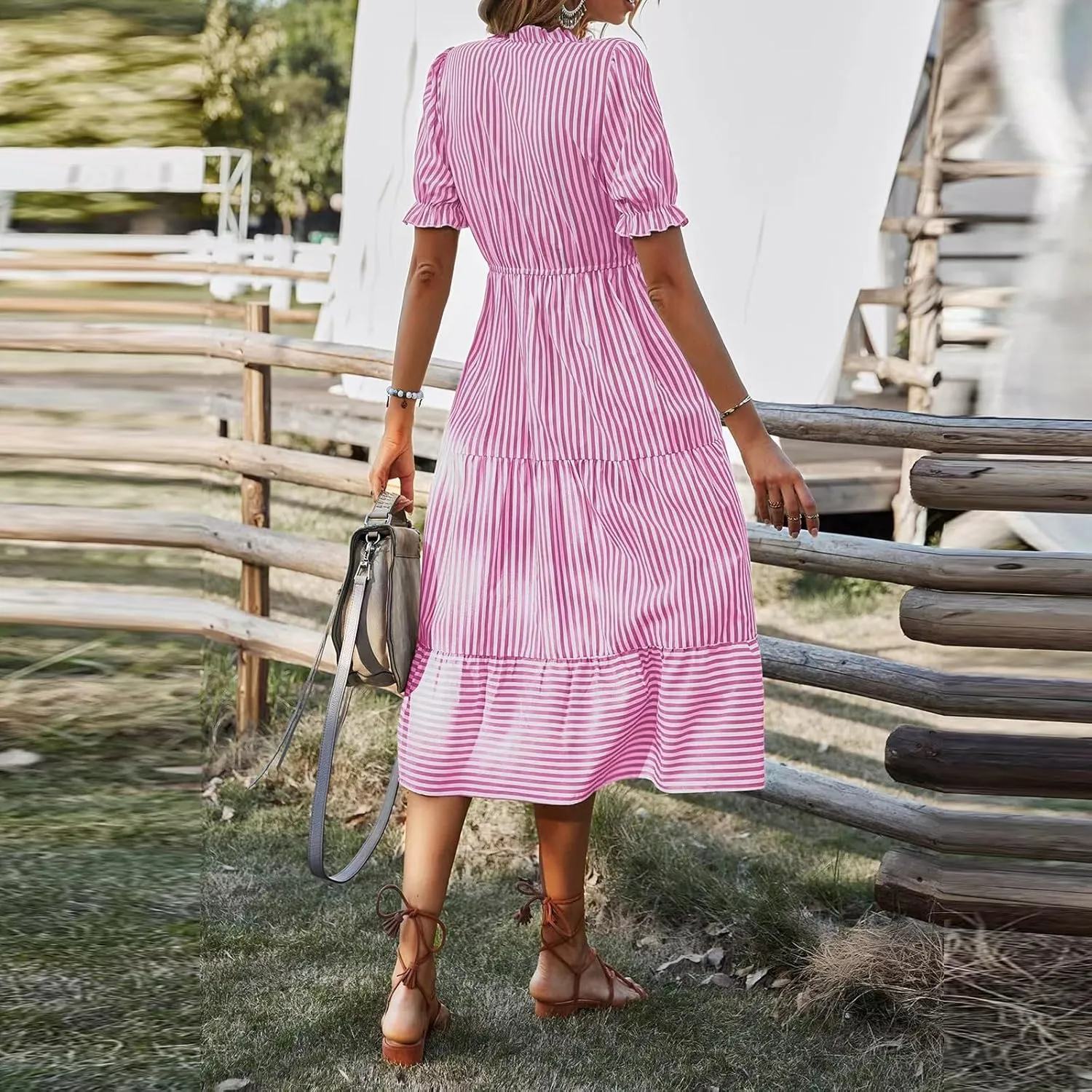 Women's Plaid Button Down Shirt Dress Long Sleeve Gingham Swing Dresses Stand Collar Knee Length Ruffle Mini Dress
