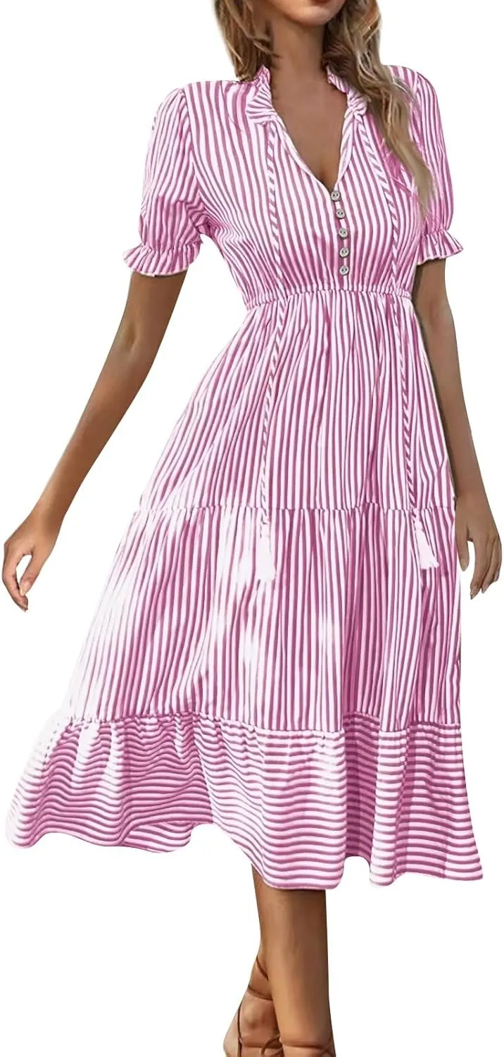 Women's Plaid Button Down Shirt Dress Long Sleeve Gingham Swing Dresses Stand Collar Knee Length Ruffle Mini Dress