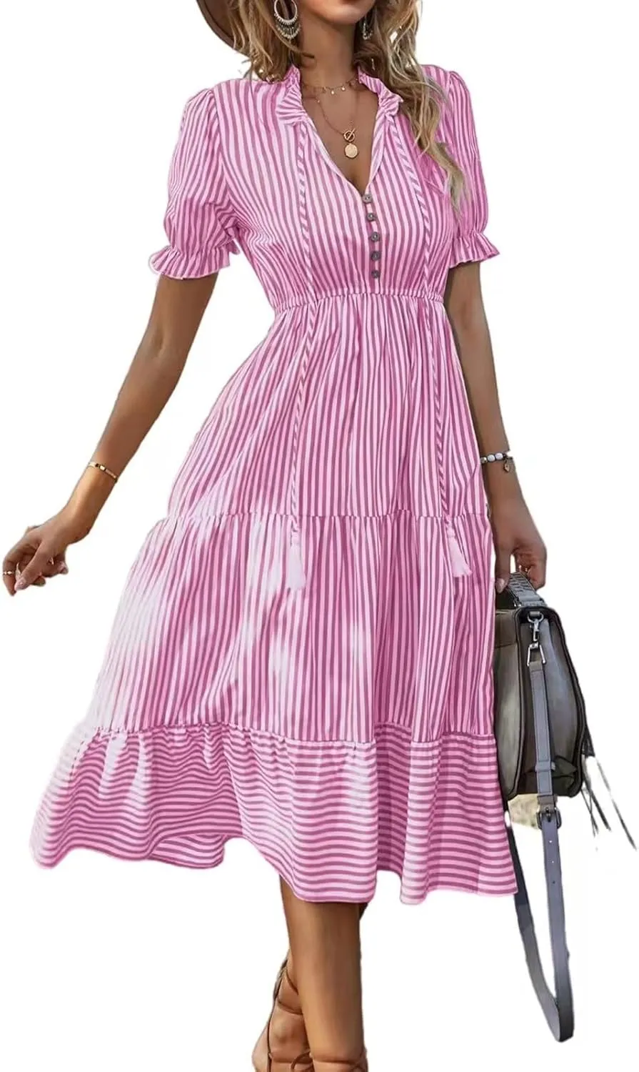 Women's Plaid Button Down Shirt Dress Long Sleeve Gingham Swing Dresses Stand Collar Knee Length Ruffle Mini Dress