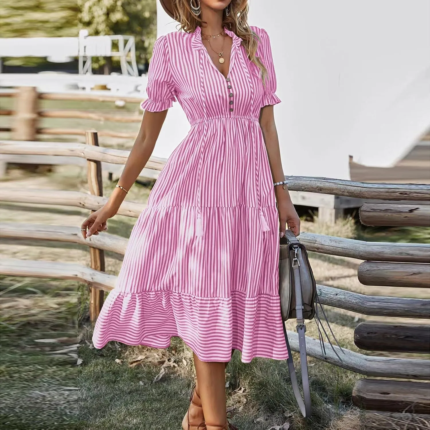 Women's Plaid Button Down Shirt Dress Long Sleeve Gingham Swing Dresses Stand Collar Knee Length Ruffle Mini Dress