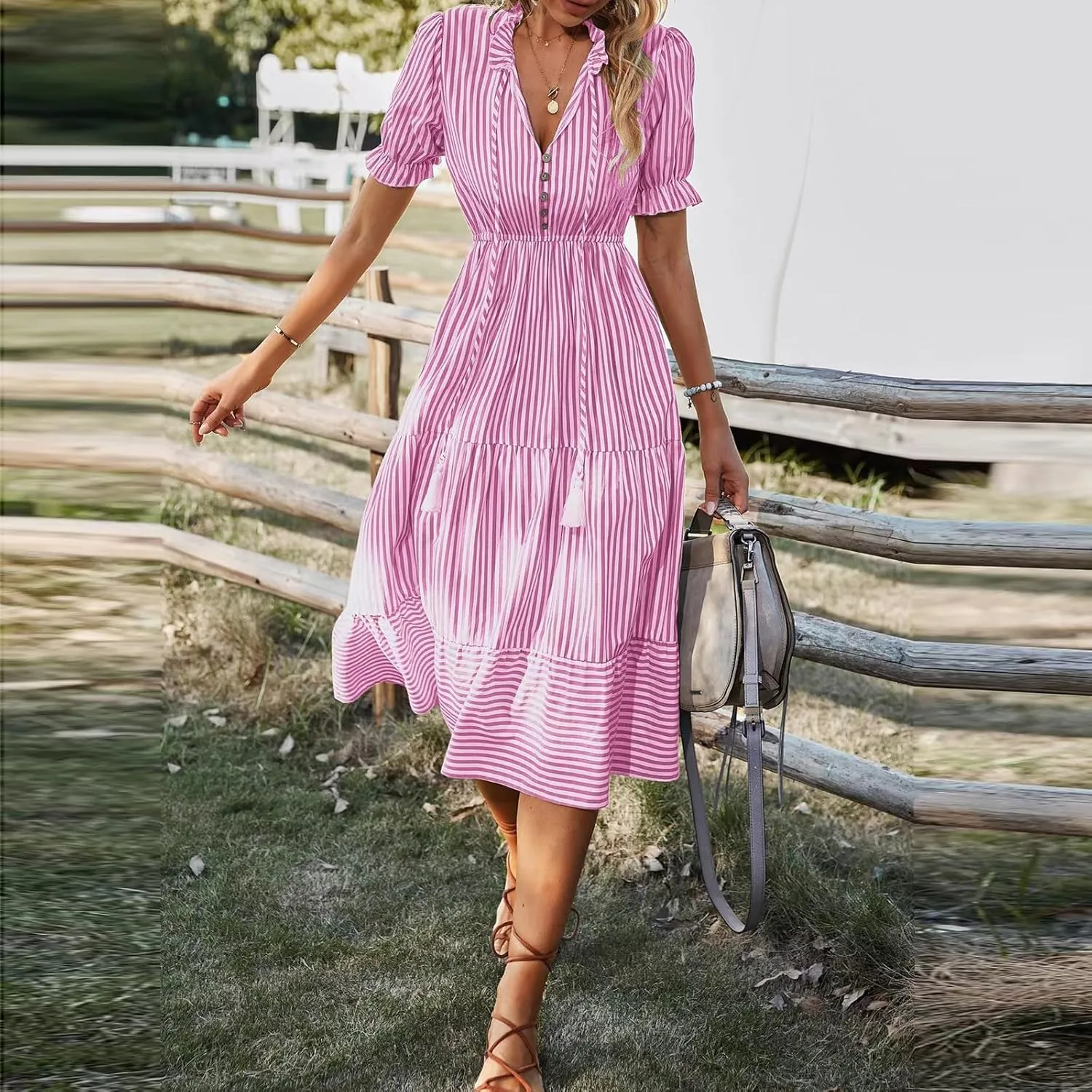 Women's Plaid Button Down Shirt Dress Long Sleeve Gingham Swing Dresses Stand Collar Knee Length Ruffle Mini Dress