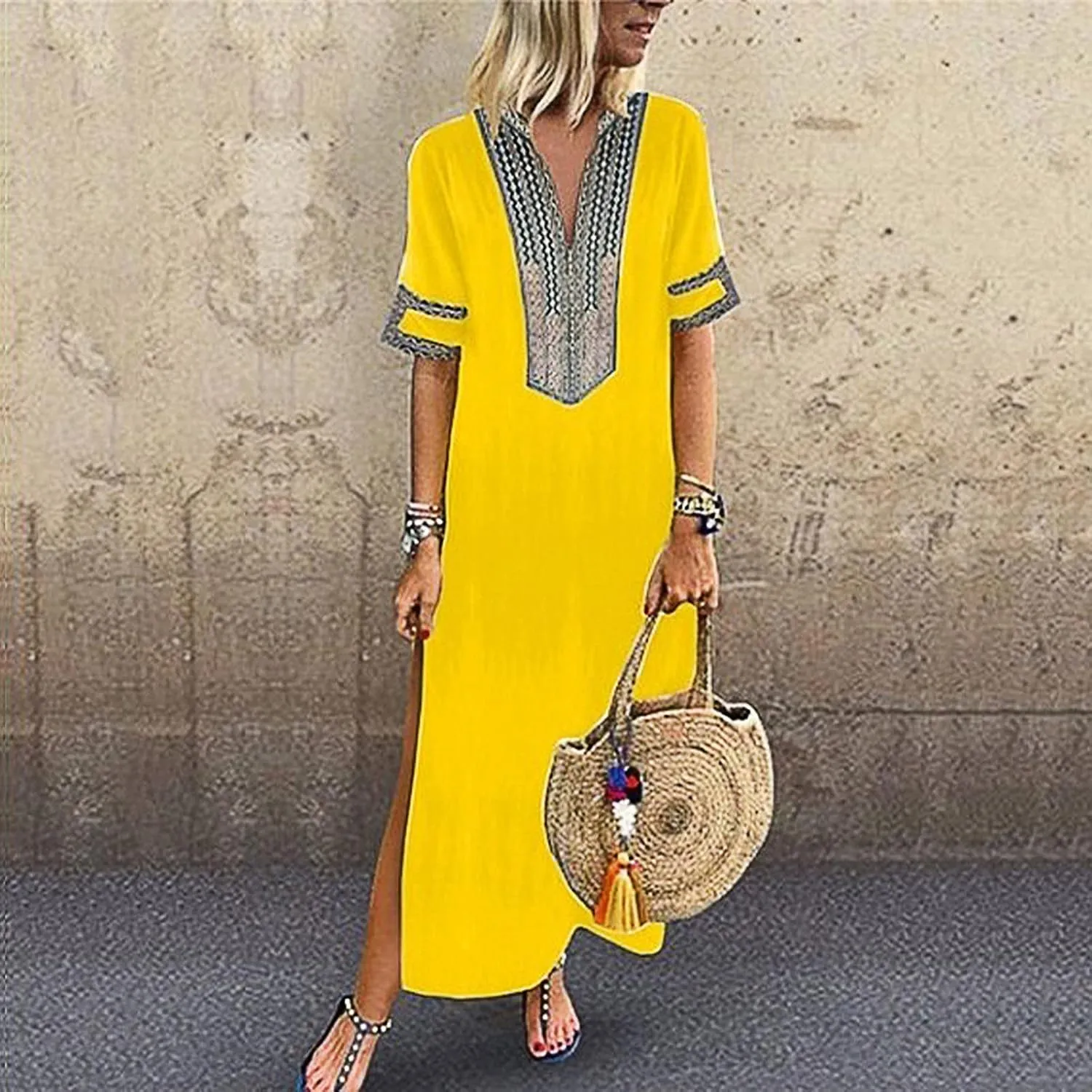 Women's Retro Long Puff Sleeve Beach Plaid Tunic Dress Gingham Swing Tiered Midi Long Shift Sun Dress Plus Size