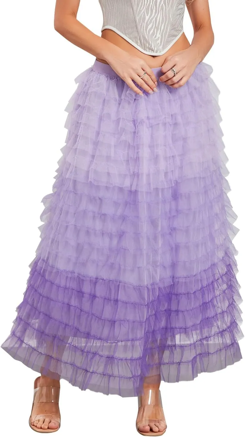 Women's Ruffles Tulle Skirt Fairy Pleated High Waist Maxi Mesh Skirt Long Tutu Party Skirt
