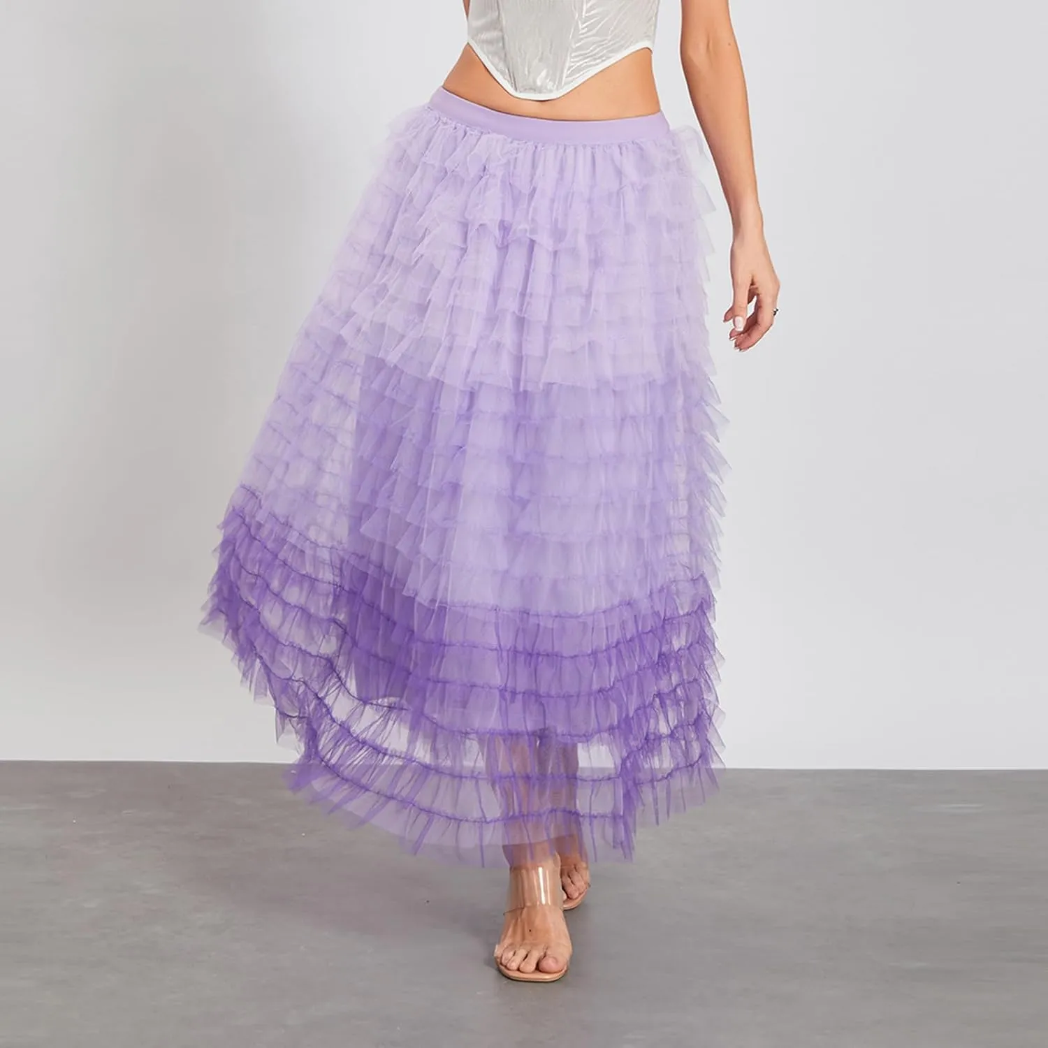 Women's Ruffles Tulle Skirt Fairy Pleated High Waist Maxi Mesh Skirt Long Tutu Party Skirt