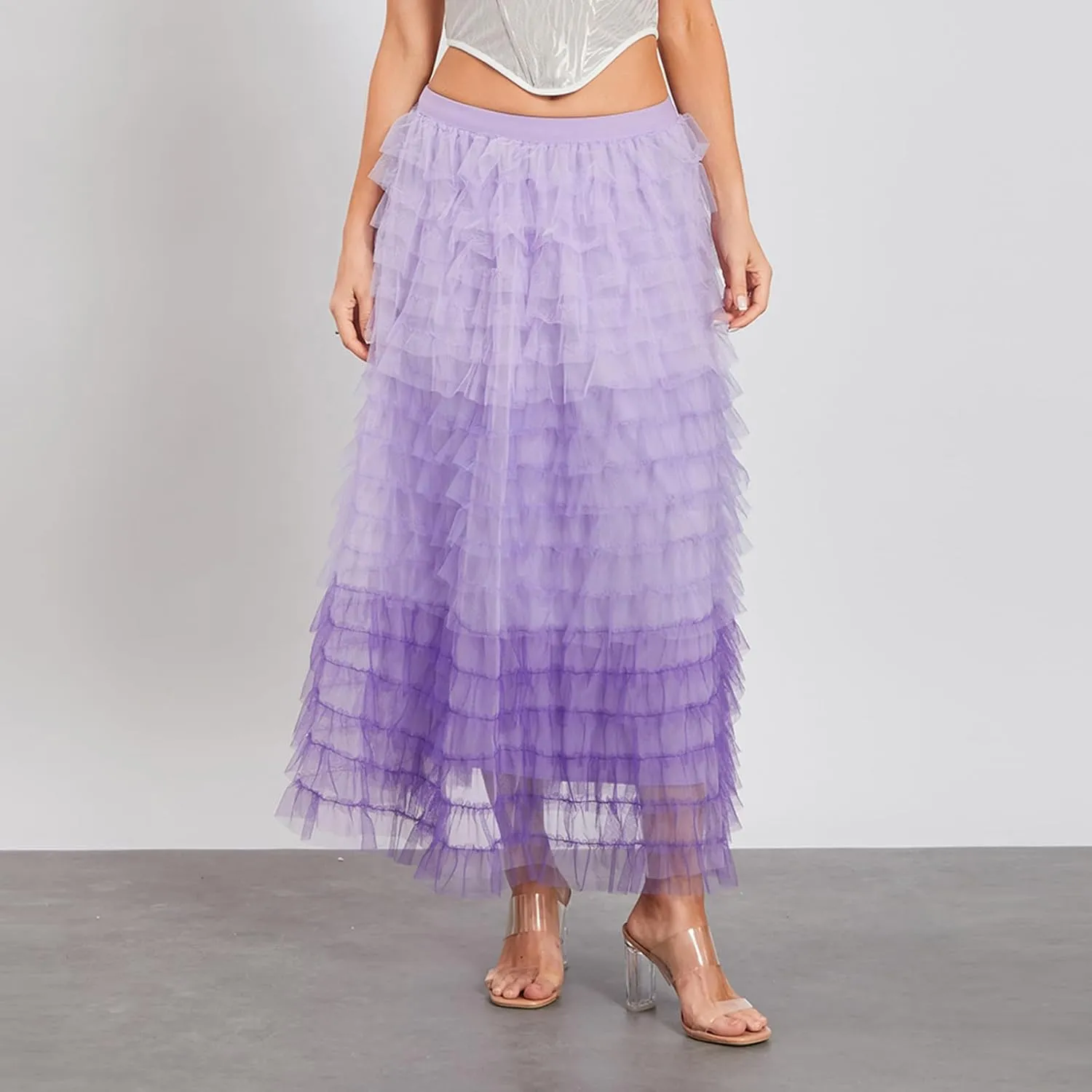 Women's Ruffles Tulle Skirt Fairy Pleated High Waist Maxi Mesh Skirt Long Tutu Party Skirt