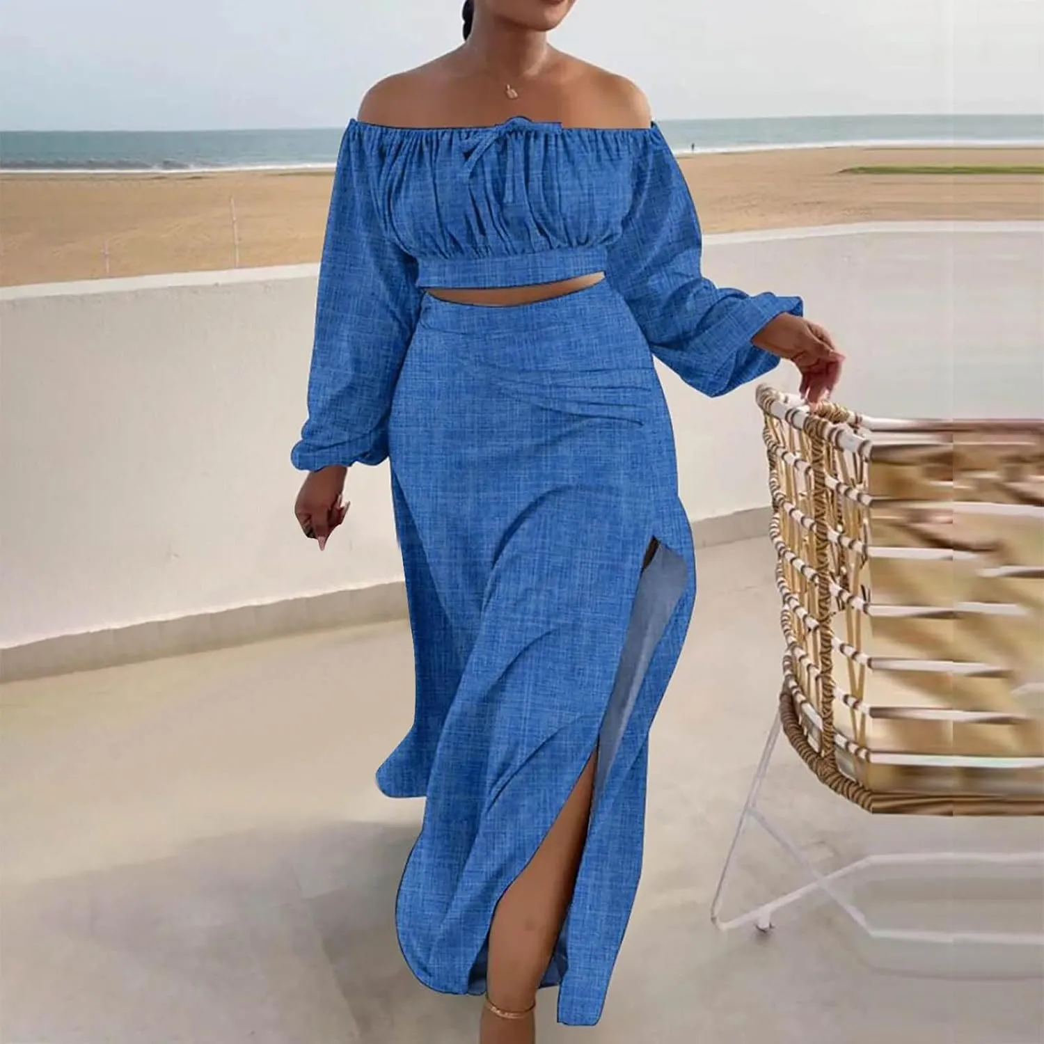 Women's Sexy 2 Piece Skirt Outfits Plus Size Lantern Sleeve Off Shoulder Ruched Crop Top High Slit Maxi Skirts Set