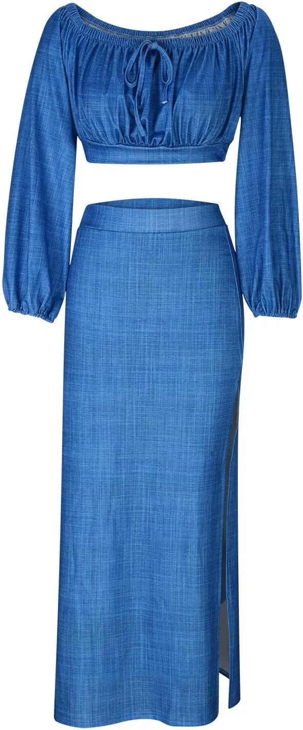 Women's Sexy 2 Piece Skirt Outfits Plus Size Lantern Sleeve Off Shoulder Ruched Crop Top High Slit Maxi Skirts Set