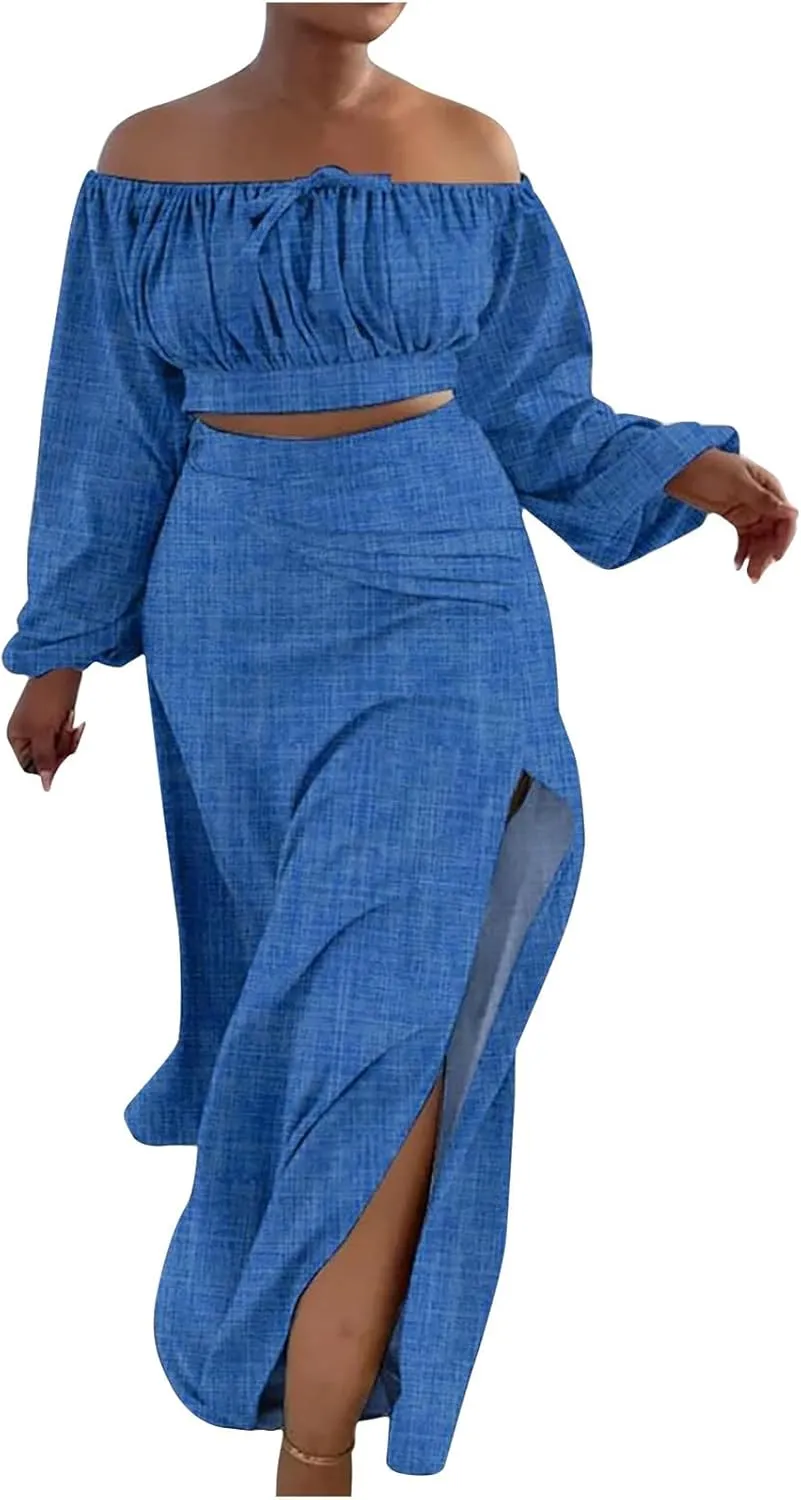 Women's Sexy 2 Piece Skirt Outfits Plus Size Lantern Sleeve Off Shoulder Ruched Crop Top High Slit Maxi Skirts Set