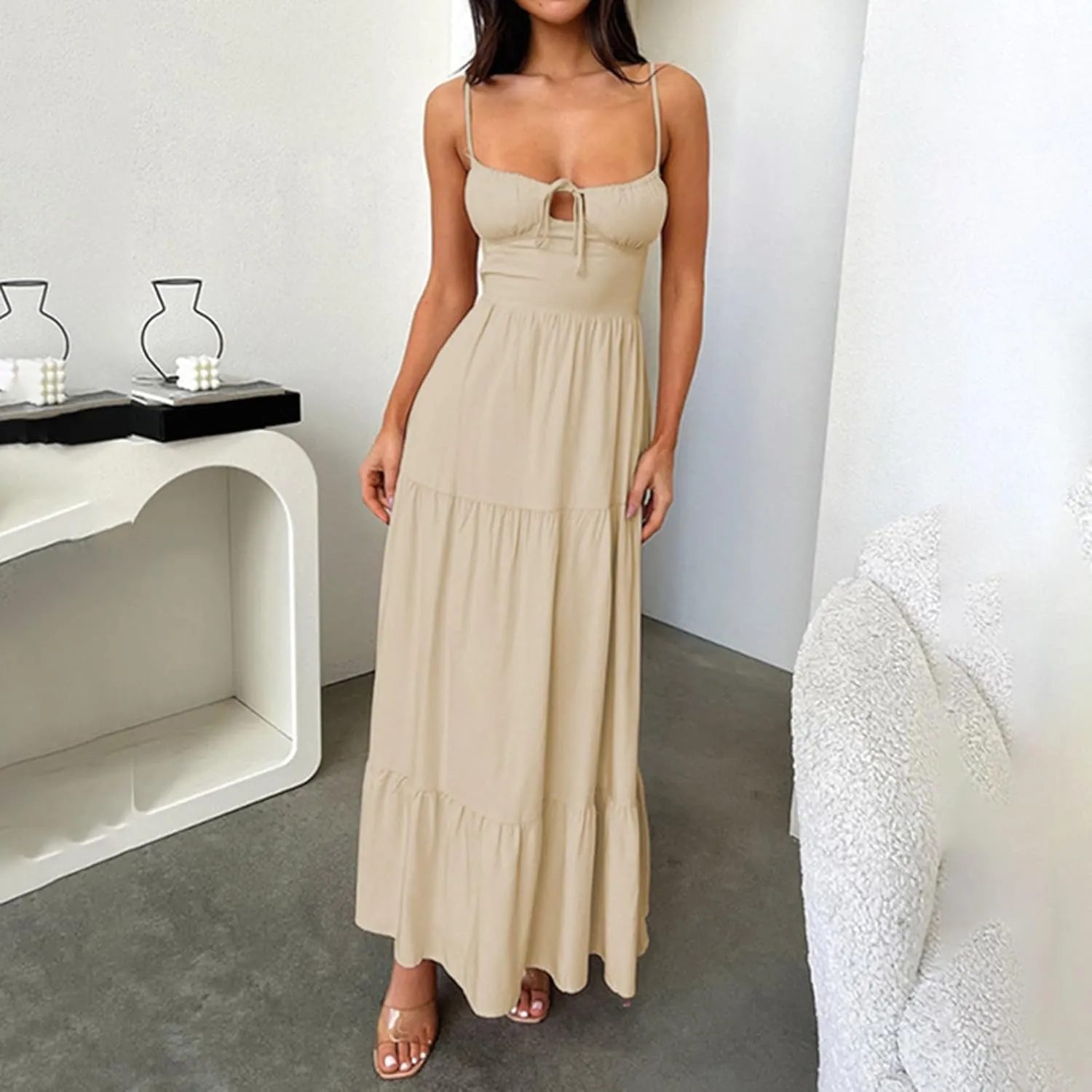 Women's Spaghetti Strap Maxi Dress Summer Sleeveless Dress Casual Boho Backless Flowy Criss Cross Split Cami Dresses