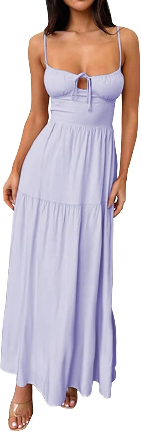 Women's Spaghetti Strap Maxi Dress Summer Sleeveless Dress Casual Boho Backless Flowy Criss Cross Split Cami Dresses