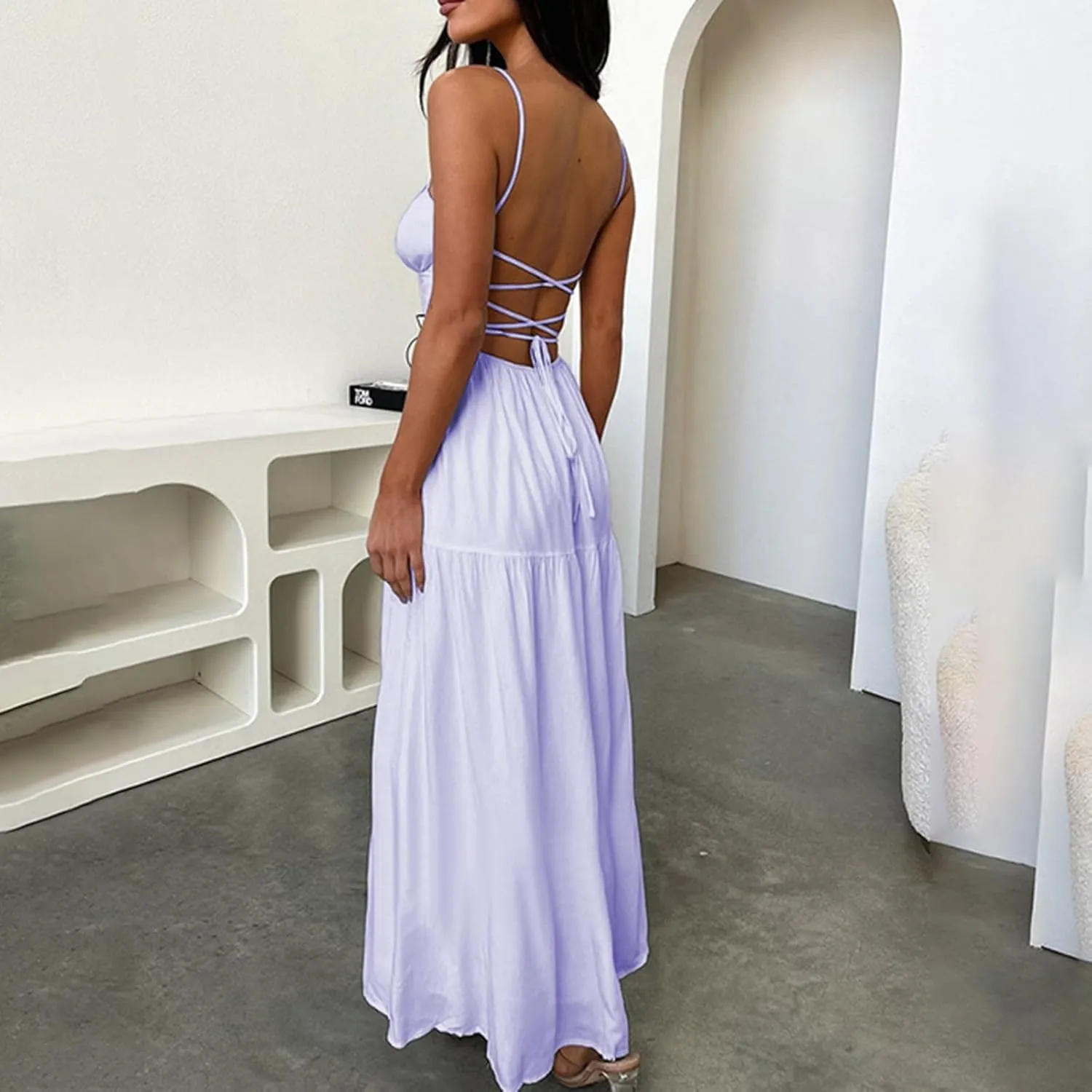 Women's Spaghetti Strap Maxi Dress Summer Sleeveless Dress Casual Boho Backless Flowy Criss Cross Split Cami Dresses