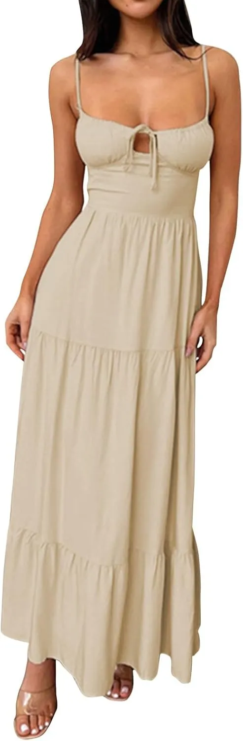 Women's Spaghetti Strap Maxi Dress Summer Sleeveless Dress Casual Boho Backless Flowy Criss Cross Split Cami Dresses