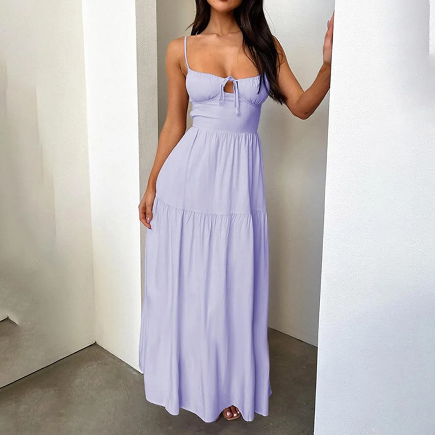 Women's Spaghetti Strap Maxi Dress Summer Sleeveless Dress Casual Boho Backless Flowy Criss Cross Split Cami Dresses