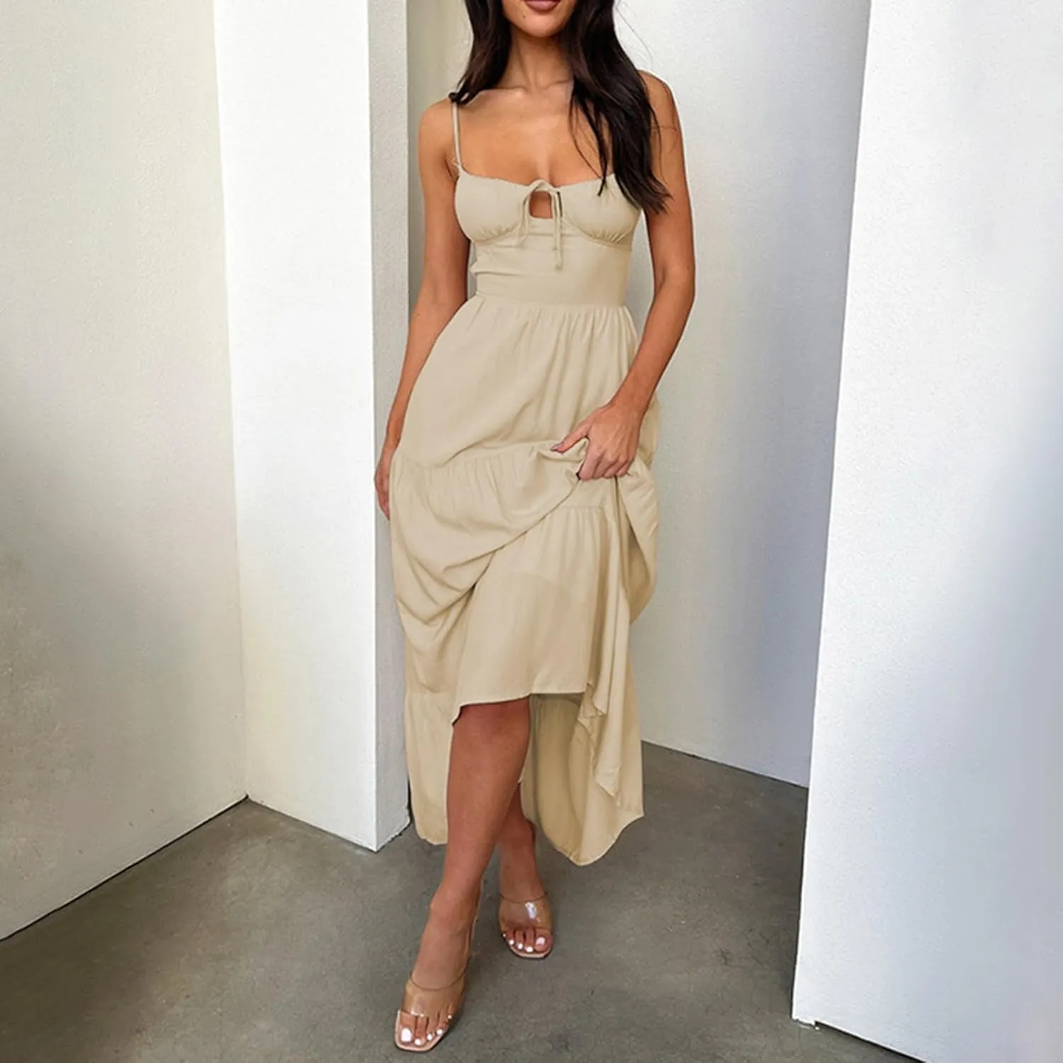Women's Spaghetti Strap Maxi Dress Summer Sleeveless Dress Casual Boho Backless Flowy Criss Cross Split Cami Dresses