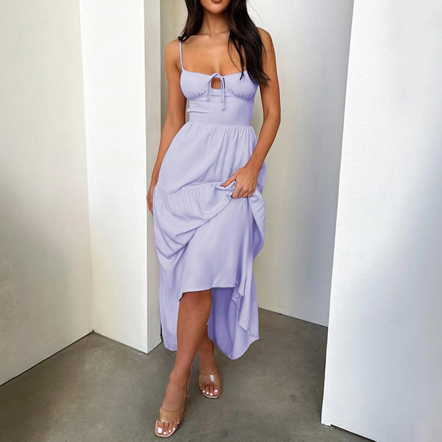 Women's Spaghetti Strap Maxi Dress Summer Sleeveless Dress Casual Boho Backless Flowy Criss Cross Split Cami Dresses