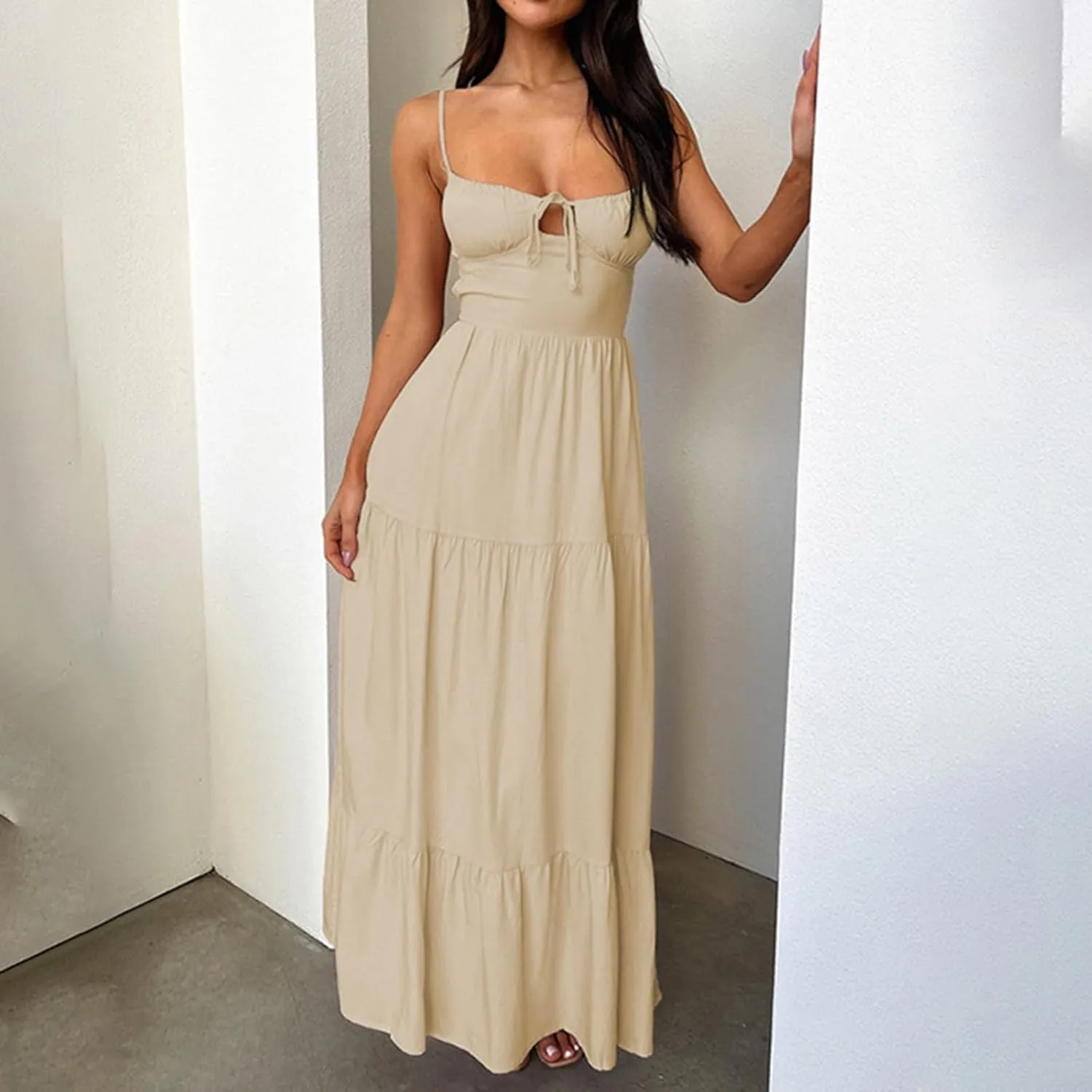 Women's Spaghetti Strap Maxi Dress Summer Sleeveless Dress Casual Boho Backless Flowy Criss Cross Split Cami Dresses