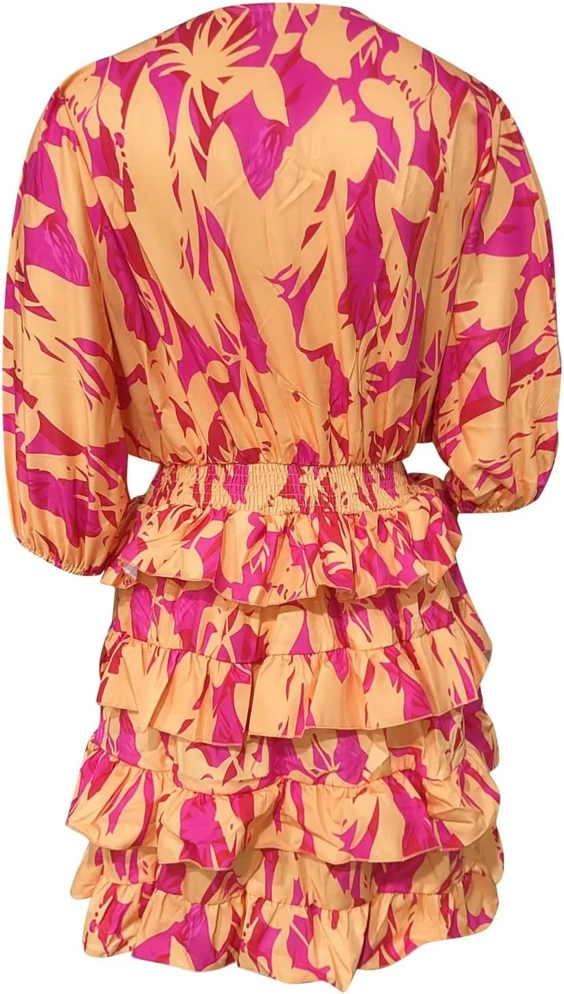 Women's Spring Dresses Casual Long Sleeve V Neck Ruffle Bohemian Floral Print High Waist Flowy Mini Dress with Belt