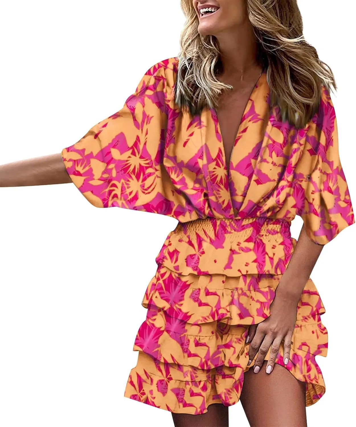 Women's Spring Dresses Casual Long Sleeve V Neck Ruffle Bohemian Floral Print High Waist Flowy Mini Dress with Belt