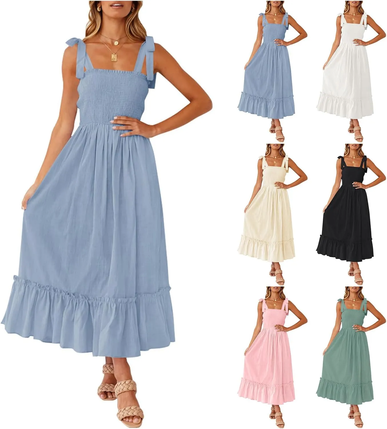 Women's Square Collar Dress 2025 Spring Summer Boho Spaghetti Strap Ruffle Hemline A Line Beach Mini Dresses