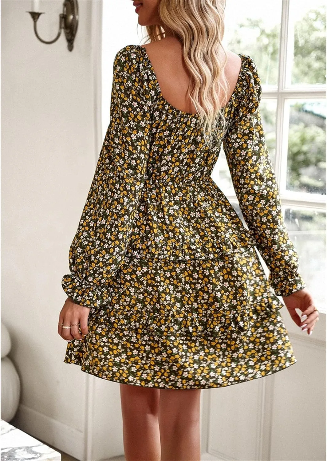 Women's Square Neck Ruffle Dress Long Sleeve Floral Tiered Dress High Waist Casual Swing Mini Dresses